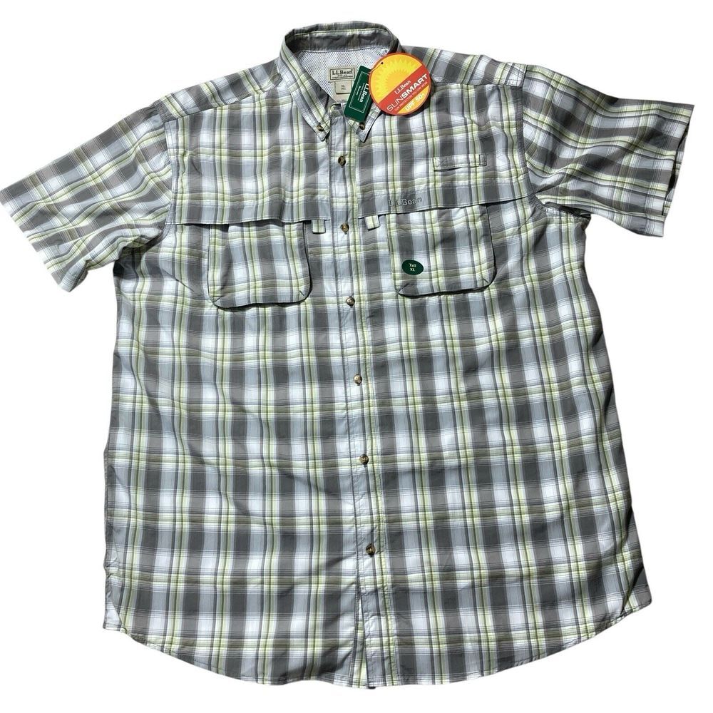 L.L. Bean Men’s Short-Sleeve Plaid Button-Down Shirt in White, Gray, Green
